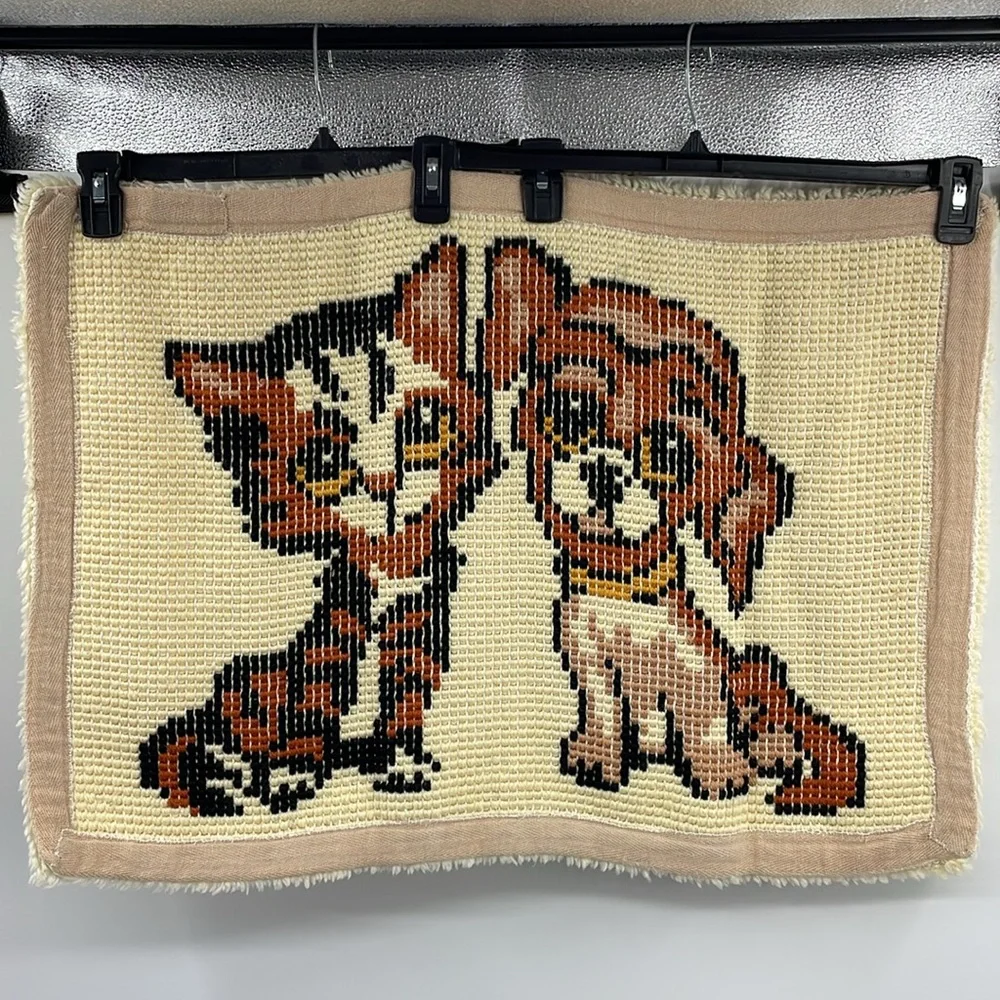 Vintage 70’s big eyes Dog Cat Latch Hook Rug Tapestry Wall Hanging Boho Kitsch